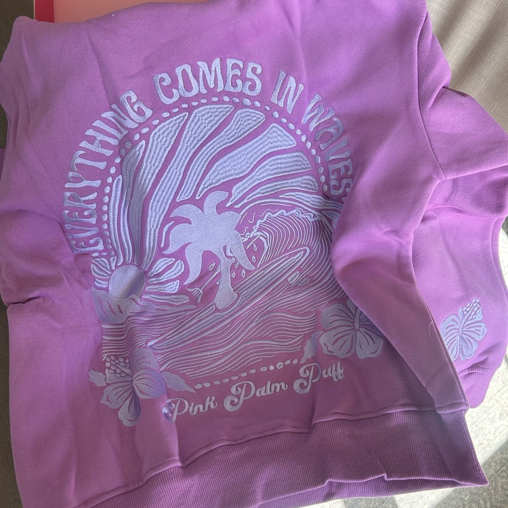 NWT Pink Palm Puff sweatshirt in color açaí size XS